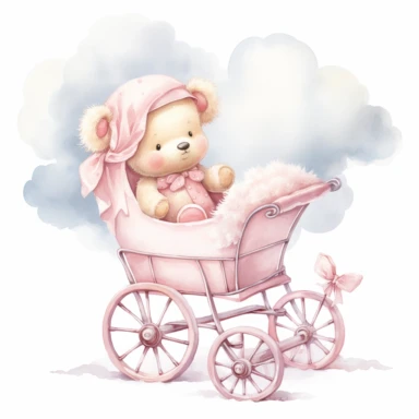 clipart, a whimsical illustration of a contented, loving and angelic baby teddy bear, wearing pajamas and pajamas hat, sleeping on a French style baby stroller, surrendered by pink fluffy clouds, Use a smooth and light watercolor technique to give the artwork a dreamy and ethereal quality