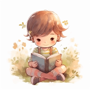 cute little boy reading a book, folk art, watercolor, clipart elements, kawaii, white background