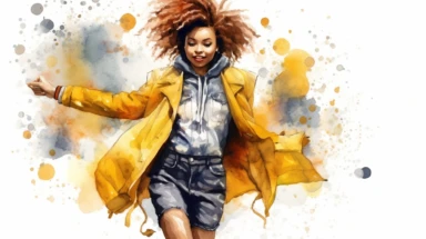 A lively clipart portraying an African American girl with a fashionable sense of style, her hair styled in a textured manner, wearing trendy and whimsical clothes, set against a high-resolution and transparent background, rendered in a vibrant watercolor art style,