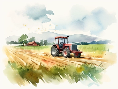 watercolor farm illustration in the style of atmosphere landscapes, American Countryside Corn Field With Stormy Sky, with tractor, carving, serene pastoral scenes, farm clipart, cute, happy, adorable, high quality, soft brush texture, soft colors, Summer Time. Make this image ultra-high resolution,