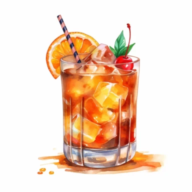 hurricane cocktail with orange and cherry, watercolor illustration, plain background, clipart