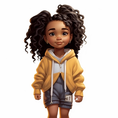 Adorable black girl wearing play clothes, ultra cute, cartoon realism, clip art