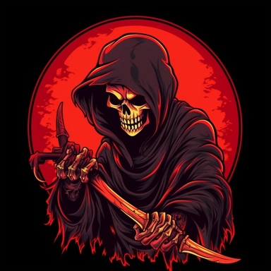 Comic book Grim reaper , shirt design , anime style grim reaper , kwaii grim reaper ,Cute Reaper , simple drawing , kwaii reaper design , logo , PFP , kwaii clip art reaper , Unique shirt design , cartoon style reaper , colourful anime background