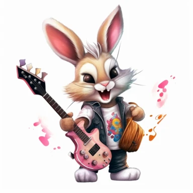 cute Rabbit character wearing rock music clothes and music element with happy face,front facing on isolated background,with happy face and expression,Animal Sublimation Clipart,no splash watercolor,white background, ultra detailed clipart, cut out image, colorful watercolor realistic, cartoon style, ultra HD, sharp and clean art