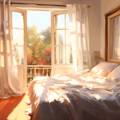 The morning sunlight shines into the window, and there is a bed in the room with oil paintings, White background, Clip Art Style