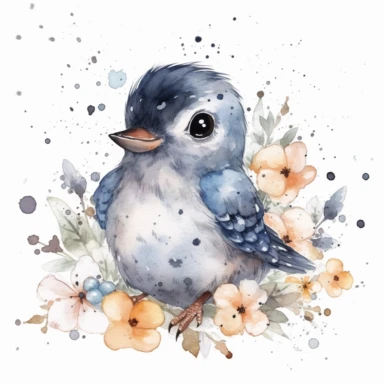 watercolor funny create kawaii marbled black ,silver, blue, chibi robin with forgetmenot flowers with babysbreath clipart, isolated on white background,space out--ar3:2--s1000