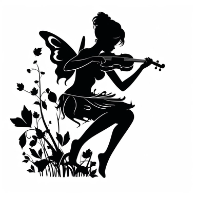 the image of a black Pixie playing on white is shown, in the style of stencil art, heavy outlines, flickr, hard edge, sculpted, woodcut, clipart cut file cuttable cricut vector