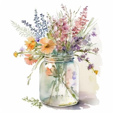 a vibrant bouquet of wildflowers contained within a transparent glass jar. The scene is reminiscent of the work of Mary Cassatt with its impressionistic touch, yet maintains the simplicity and approachability of clipart. With the white background, the watercolor-style lighting brings a soft morning glow, enhancing the vivid colors of the flowers. Use a 35mm lens for a balanced perspective, capturing the delightful contrast between the colorful bouquet and the stark background