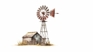 Envision a classic western windmill, standing alone against a stark white background. The windmill is a symbol of the old west, with its wooden structure and spinning blades. The medium is a clipart style, with clean lines and a minimalist aesthetic. The style is reminiscent of vintage western illustrations, with a focus on the iconic silhouette of the windmill. The lighting is neutral, with the white background providing a stark contrast to the dark outline of the windmill. The colors are monoc