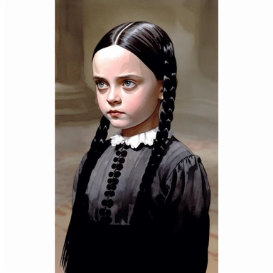 charming Wednesday Addams from the movie The Addams Family by Barry Sonnenfeld, watercolor by mary whyte, romantism, clear line, white solid background, clipart, gothic