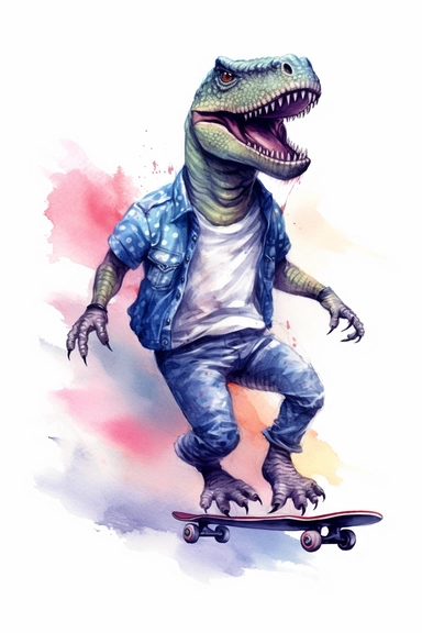 watercolour gangster dinosaurs on skateboards clipart, white background,