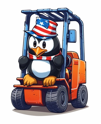 Showcasing a cartoon penguin as a forklift operator, with the design featuring patriotic elements and colors reminiscent of the United States flag. The overall design can appear polished and poignant, with the penguin proudly operating the forklift, that can be used as a sticker, colorful, highly detailed, with a white background, in the style of Pixar clipart, and no cut off edges.