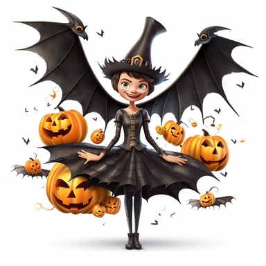 a smiling fairy dressed as a wicked witch, halloween, witches hat, pumpkins, bats and spiders all around, big bat wings, full body image, clipart, pixar style, white background