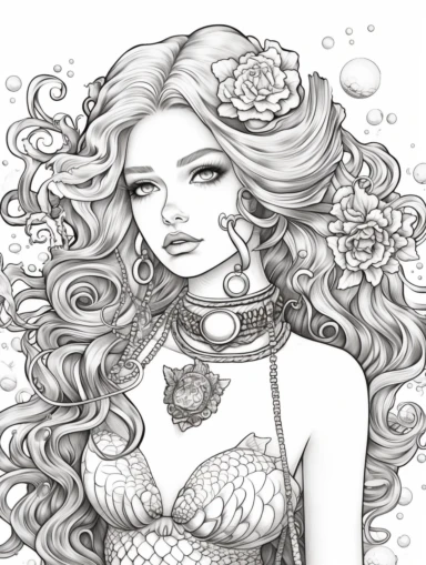 Coloring book, white background, black and white, clip art. Mermaid. Wearing retro 80's t-shirt. Seal .