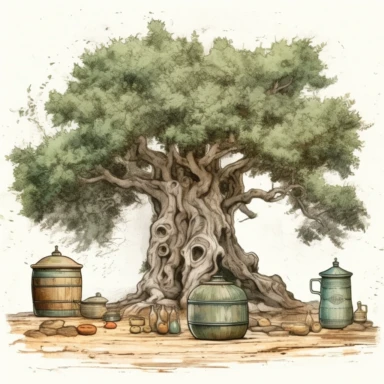 Ancient vintageolive tree. In front of the tree on the ground are jars of olive oil. Vintage, Artistic, clipart, detailed