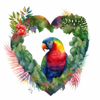 colorfulparrot in a jungle heart frame, watercolor clipart, detailed, splashed, HD