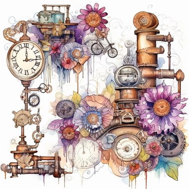 Embark on a creative journey that fuses the whimsy of watercolor with the industrial charm of steampunk, resulting in a unique collection of floral arrangements clipart that commands attention. Employ watercolor as the chosen artistic medium, harnessing its fluidity and transparency to infuse the compositions with an ethereal quality. Draw inspiration from steampunk genres and artists like Sydney Padua and incorporate steampunk motifs such as gears, cogwheels, and brass accents into the floral a