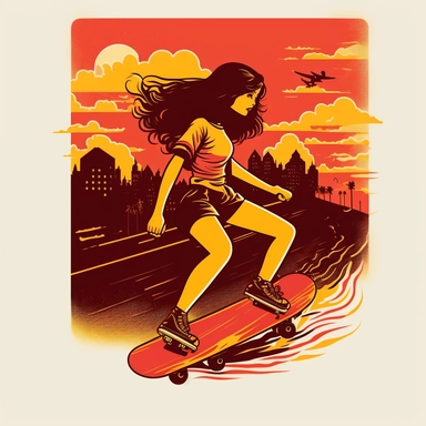 Brunette girl skateboarding in a red and yellow sky clipart
