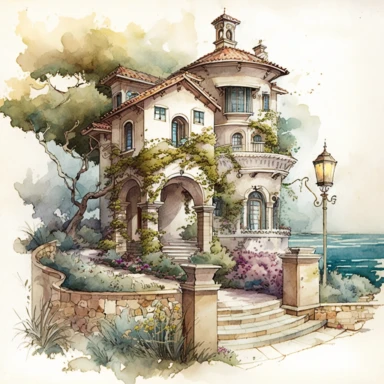 A rich color watercolored pencil painting of a seaside Mediterranean home in the style of Octopath Traveler, clean lines, intricate details, realistic, clipart, white background, png,