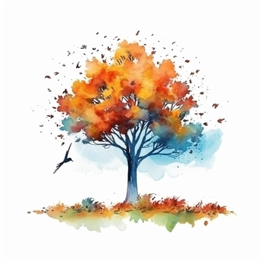 watercolor style, autumn tree in the part with falling leaves, clipart isolated on white background, 4K