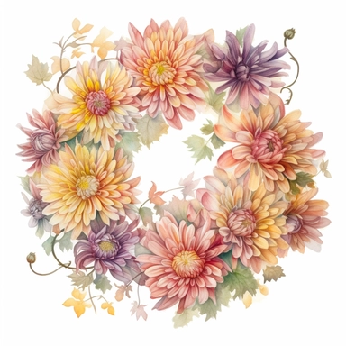 Watercolor Painting of beautiful multi - headed Chrysanthemum Wreath FLOWERS on white background DETAILED ILUSTRATION, Flora Design Patterns, Flemish Baroque by Rachel Ruysch, Behance, Rococo, Intricate Detailed, Soft Light Effect, Oil Paint Strokes, Light Academia Aesthetic Flowers, Lighting cinematic, all shown shimmering stamens, tyndall light, texture, colorful, 8k, fantasy, ray tracing, vivid, spectacular lighting, octane rendering, highly detailed, ultra - realistic, white background, clip