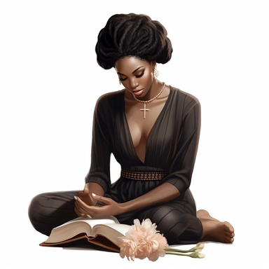 A beautiful black woman fashionista praying on her knees with the bible next to her, feminine, chic, elegant, posing, with a macro lens, clip art seed
