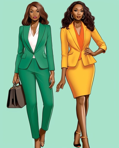 professional black women in fashionable business suits standing together, each wearing bright colors, looking happy, wearing high heels, carrying small handbags. Full body. Illustration style, clip art cartoon clipart of Naomi Campbell at 25 years old conservative business woman in trendy business suit