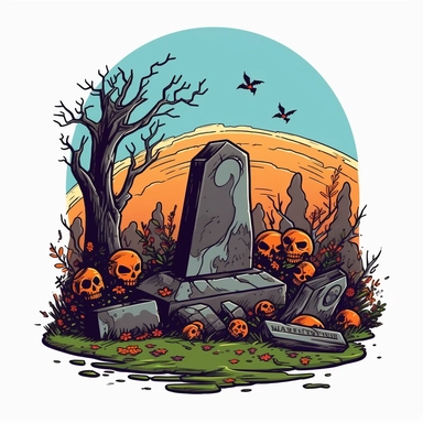gravestone scene, cartoon colours, vector, clipart, white background for a tee shirt, no captions