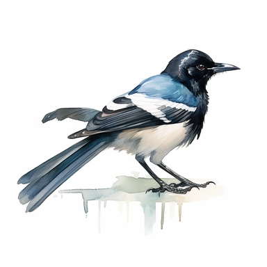 A captivating watercolor clipart illustration of a Eurasian Magpie bird, set against a pristine white background. The artwork depicts the bird with exquisite detail, capturing its sleek black feathers, contrasting white markings, and iridescent sheen. The watercolor technique lends a soft and fluid quality to the illustration, with subtle washes of color blending seamlessly to create a sense of depth and texture. The Magpie is depicted in a natural pose, with its characteristic long tail and dis