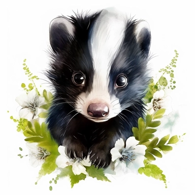 Watercolour animated whimsical cute baby skunk Disney inspired beautifully detailed perfect facial features ultra highly detailed, 18k, sharp focus, bright photo with rich colours digitally enhanced, enhanced graphics, straight, sharp focus, bright lighting, intricate detailed png image ,high definition,300dpi,graphic clipart,computer graphics