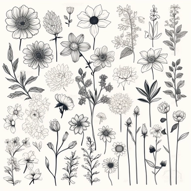 clipart collection of hand drawn flowers, pure minimalism, 2d style, based on printed graphics, white background, no watermark, text, words, brushes, typography, images The pictures don't stick together, just a flower on a white, crisp black background