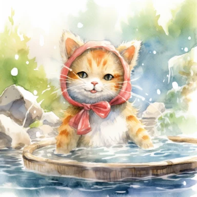watercolor illustration, kitten smiling with an open mouth and with a towel over the head and enjoying a hot spring, surrounded by gentle steam rising from the onsen water, feeling the pleasant sensation. Small bubbles dance through its fur, creating a mysterious yet beautiful sight. The cat stretches out, gradually unwinding, as the warmth of the onsen melts away the tension in its muscles. It gracefully savors the serene atmosphere and the gentle touch of nature, embracing the tranquility of t