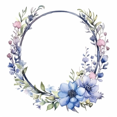 watercolor clipart of a empty suttle dainty floral oval frame surrounded by dusty blue color flowers. Capture the essence of blooming beauty and intricate details in your artwork, white background
