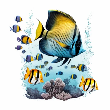 a butterflyfish at the bottom of the ocean floor with other smaller fishes, vibrant colors, watercolor style, clipart, white background