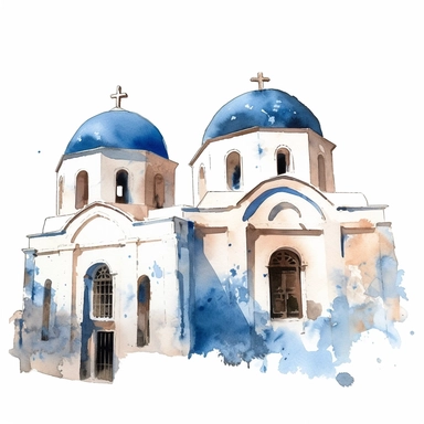 a Greece Santorini Blue Domes in the style of watercolour clipart with detailed brush strokes