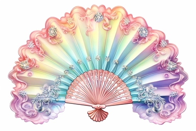 rococo illustration of a pastel rainbow rococo hand fan, clipart,