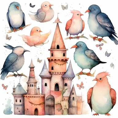 wizarding school, birds, vector art, simple, cartoon,2d,pastel watercolor, clipart