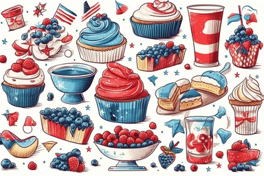4th of July Usa Independence Day party food and drink vector clipart, border decor. Set of cupcakes, ice cream, juice, watermelon, cake in white, blue, red Us flag colors vector art illustration