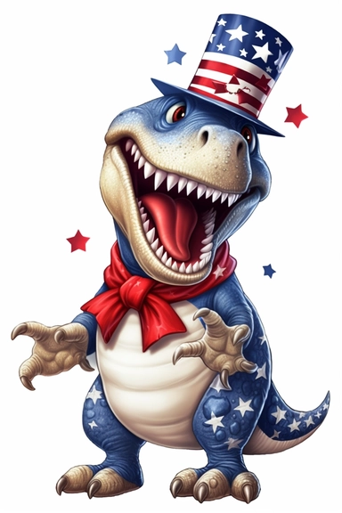 4th of July Patriotic Clip art of patriotic super cute smiling dinosaur, png Full body realistic cartoon in 32K UHD cute, 15 cm thick outline. Black color, 8k with realistic watercolors and detailed illustrations. PNG clipart, transparent white background