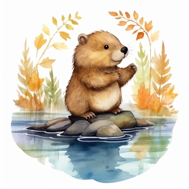 woodland animal cute baby beaver swimming in lake watercolor clipart detailed