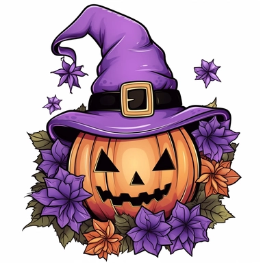 Spooky Cute halloween sublimation, Purple color Clipart, below are some flowers, and the head is cap, isolated on a white background,high quality design and Summons will be a pumkin,
