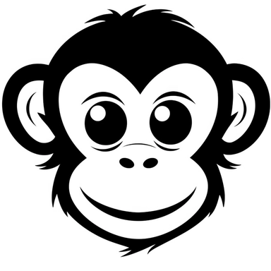 A Cute Monkey Face: A simple, stylized monkey face with big eyes and a friendly smile might look charming. simple graphic, clipart, black and white