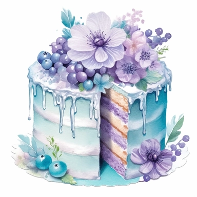 clipart, isolated on white background, Watercolor cake with flowers, cyan colored, ornated, pastel colors