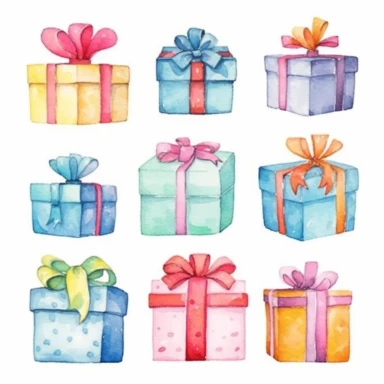 set of watercolors cute giftbox for kids book, white backgroun, clipart, clean and crisp