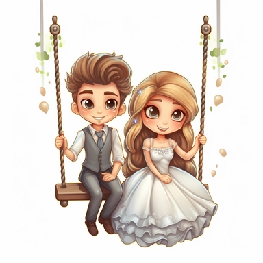 Cute Beautiful Happy Face Prince And Princess sit on a swing Sublimation Clipart ,Cartoon,hyper realistic, intricate detail, illustration style,high solution,on the white background