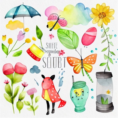 Please create a series of watercolor clipart illustrations featuring different items related to spring. Each illustration should be drawn in a charming and playful style that captures the beauty and vibrancy of the season. Items to include can be flowers, butterflies, birds, bees, rain boots, and umbrellas. Please use a coherent color palette that is bright and cheerful, but also soothing and calming. Colors that are associated with spring, such as greens, blues, pinks, and yellows, should be us