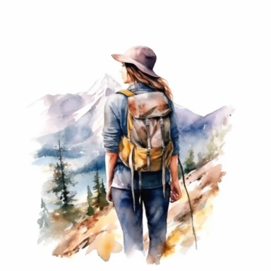 watercolor hiking girl on mountain clipart, isolated on white background