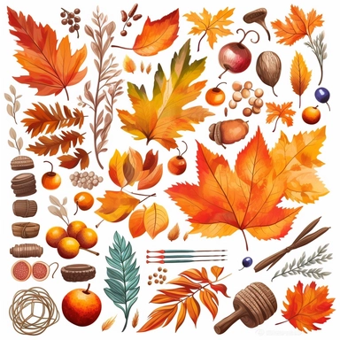 Create clipart sets showcasing the vibrant colors of fall foliage, including different types of leaves, acorns, pumpkins, and autumn wreaths, sharp clear lines hyper detailed high resolution white background