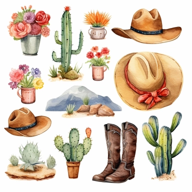 Watercolor western clipart on a white background, ranch clip art, freebie, in the style of Voigtlander brilliant, flower and nature motifs, whistlerian, handcrafted objects, California plein air, maximalist, old - world charm, no watermark, text, words, paintbrush, typography, the images do not stick together, simple vector line around entire image for easy background removal
