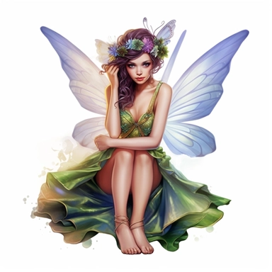 cartoon woman dressed as a fairy with wings and matching dress, kneeling, eyes focused on camera, full body, colors of green purple gold and blue, glamorous realistic and detailed, watercolor, white background with margins, clipart style